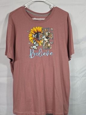 Xersion Essential Short Sleeve Tee - Dusty Rose BELIEVE in Size Large (W682)